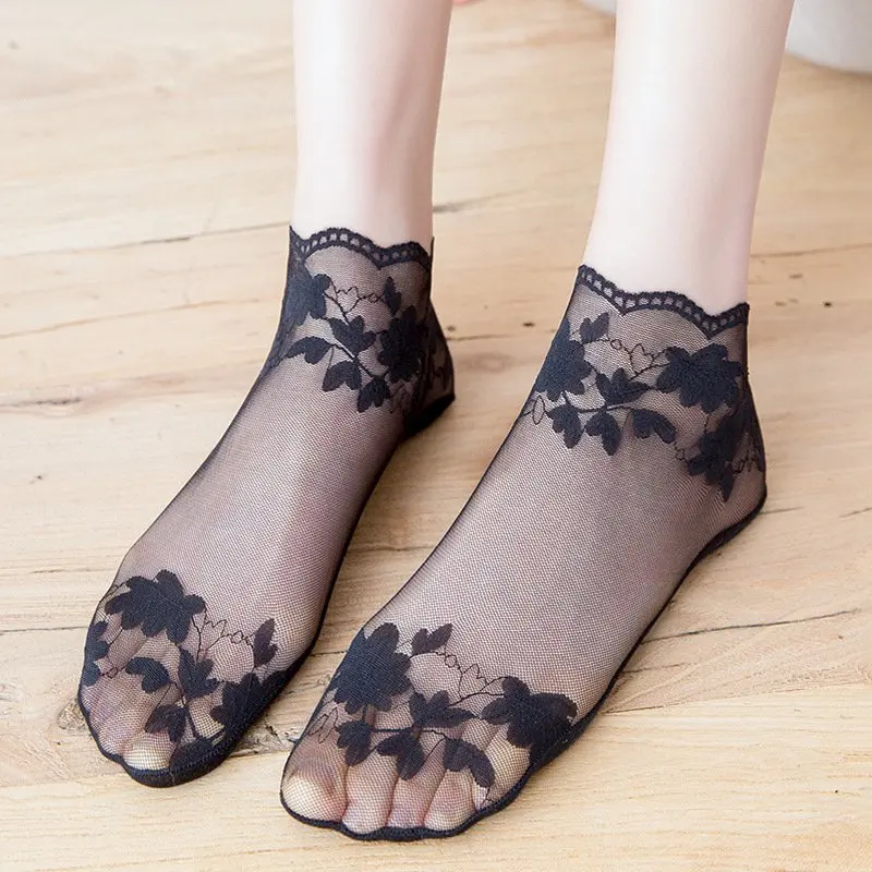 Summer Women Lace Socks Sexy Antiskid Non-slip Invisible Liner Sock Female Elastic Comfy Thin Breathable Ankle Short Black Socks