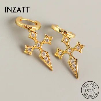 

INZATT Real 925 Sterling Silver Zircon Cross Hoop Earrings For Fashion Woman Party Fine Jewelry Geometric Accessories Gift