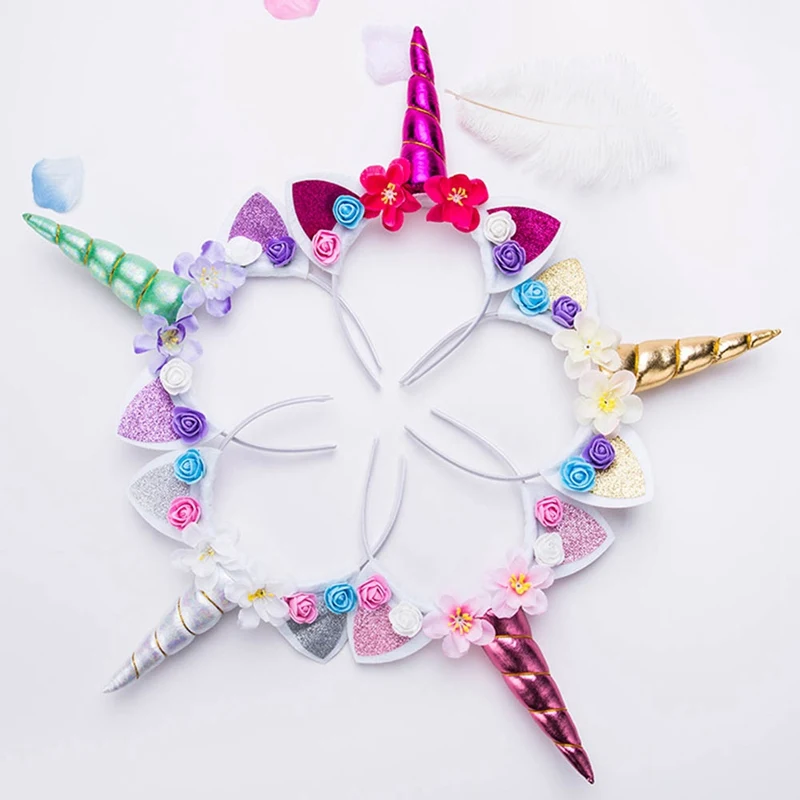 New Cute Kids Women Sweet Flower Unicorn Horn Hair Band Headband Birthday Party Flower Floral Headwear