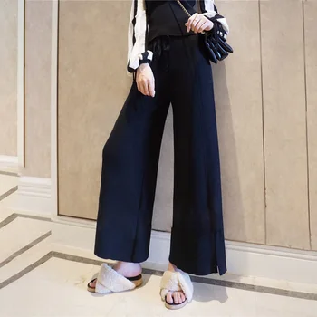 

Australia Drawstring Side Seam Split Wide Leg Women's Wear Knitting Pants 2 Color Hair