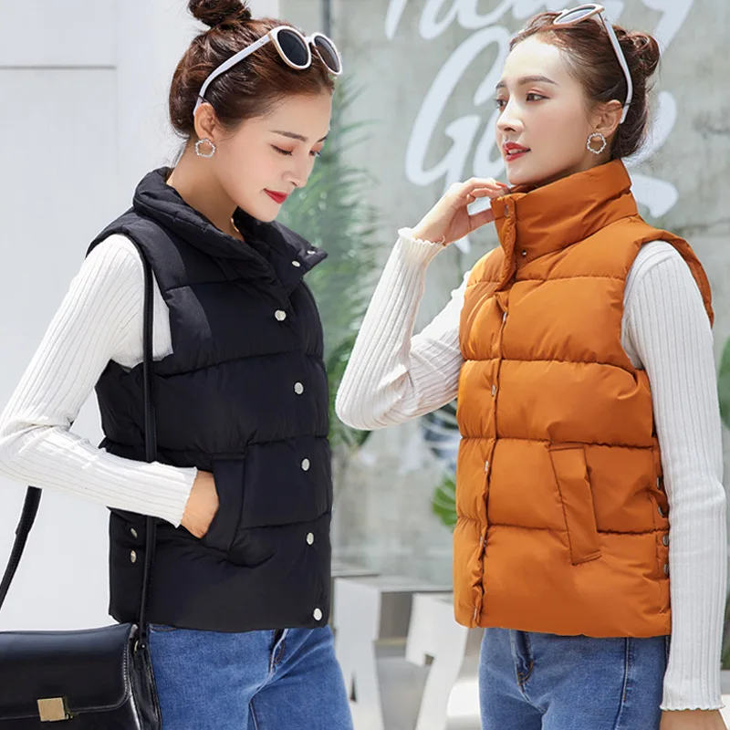 Autumn Winter Women's Solid Loose Vests Stand Collar Vest Jacket Cotton