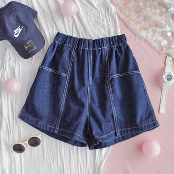 

Women Sweet Denim Shorts Girls Summer Thin Loose Ins Student High waist Thin Five points Vintag Wide leg Shorts Preppy Style