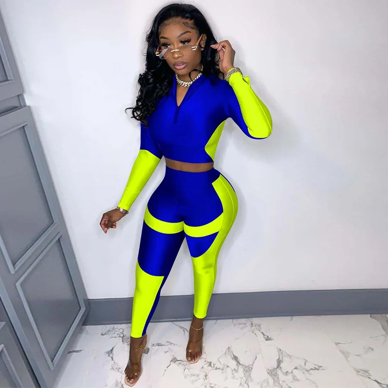 

Contrast Color Spliced Two Piece Club Outfits Women Zipper Up Full Sleeve Crop Top and Slim Bodycon Pants Moto & Biker Sweatsuit