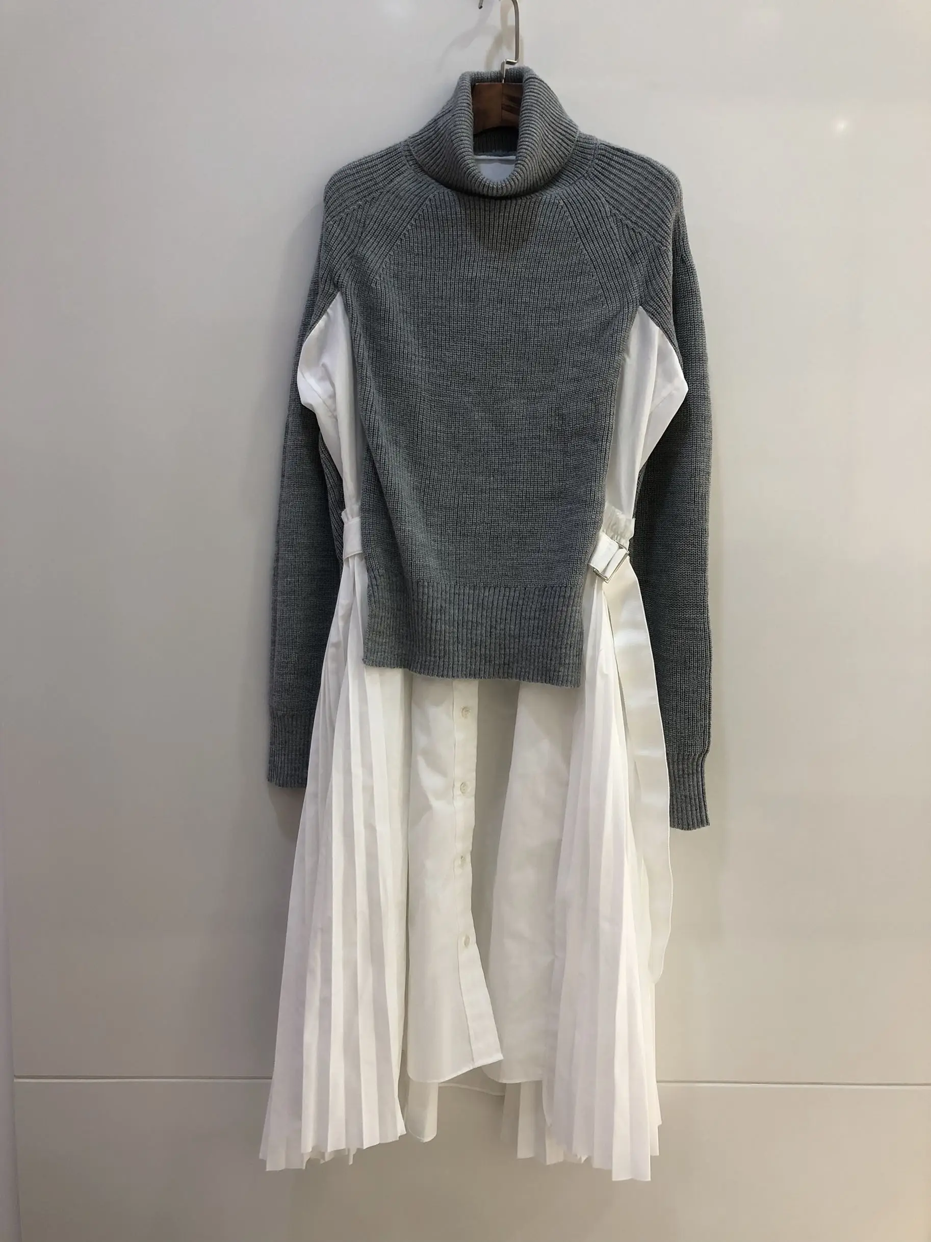 2019FW высококачественное женское Шерстяное вязаное лоскутное гофрированное Платье женское повседневное водолазка с длинными рукавами 3 цвета пачка