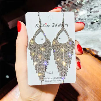 

TTLIFE Long Rhinestone Fringed Geometric Earrings Shiny Full Crystal Dangle Earring Statement Jewelry Full Diamond Earrings