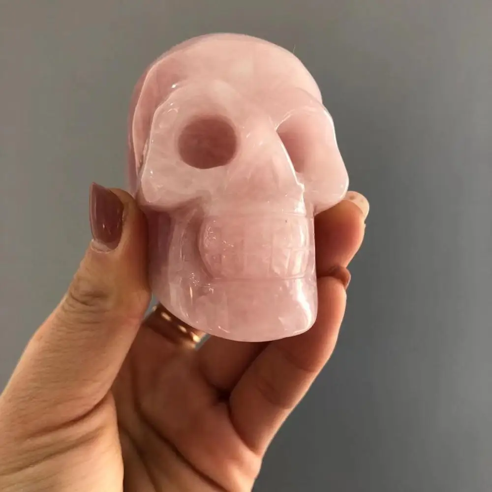 3inch Natural Rose quartz Skull Gemstone Figurine Refinement Crystal Statue Realistic Feng shui Healing Home Ornament DD