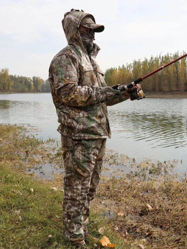 Winter Cold-proof Fishing Cotton Padded Velvet Thick Warm Rain-proof Padded Jacket Fishing And Hunting Bionic Camouflage Suit Ma