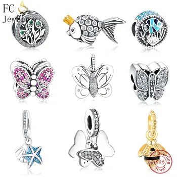 

FC Jewelry Fit Original Brand Charm Bracelet 925 Silver Sea Coral Gold Fish Shell Blue Tiger Eye Angel Stone Bead Berloque DIY