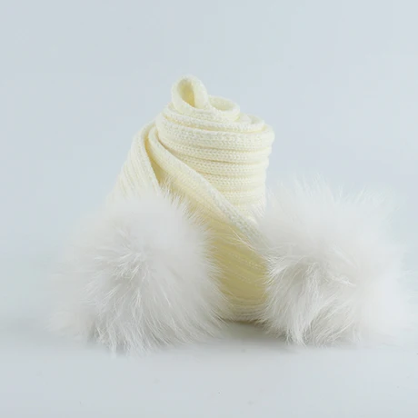 white scarf Детская вязаная шапочка с натуральным мехом и помпоном, набор шарфов, костюм для маленьких мальчиков и девочек, шапка, шарф, зимняя теплая - Цвет: white scarf