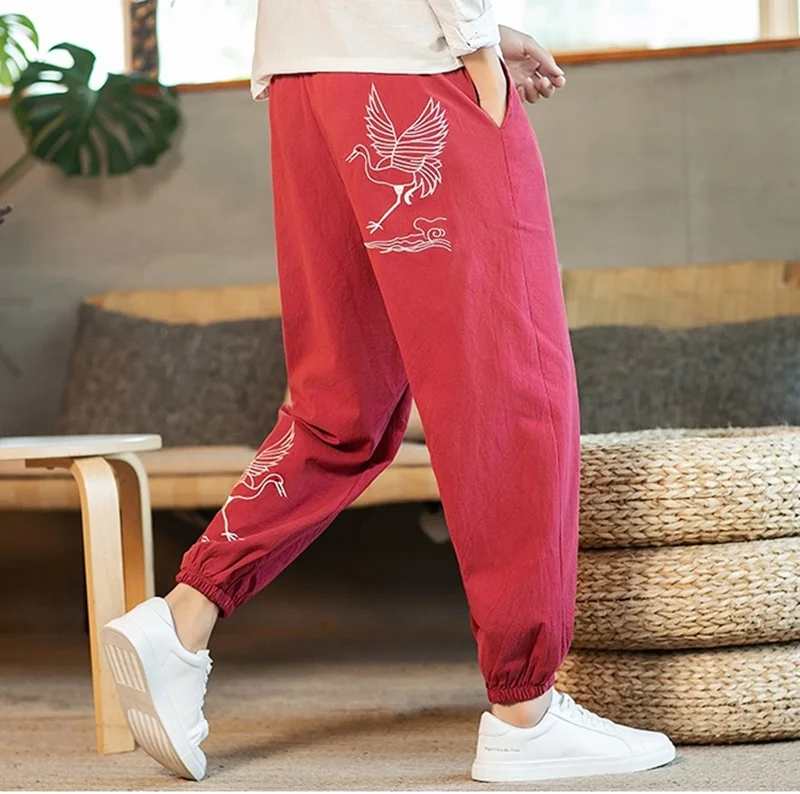 Японские брюки с вышивкой журавля Ретро спортивные брюки уличная одежда брюки-кимоно кунг-фу брюки тайчи хиппи брюки мужские KK2985