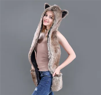 

Women Hat Scarf Gloves Faux Fur Personalize Animal Cartoon Hat Gloves Scarf Pocket Winter Accessories czapka i szalik sea4