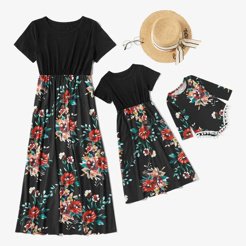 

2020 Summer Mommy And Me Patchwork Dresses Family Matching Outfits Short Sleeve Romper Dress For Mother Daughter Son Clothes