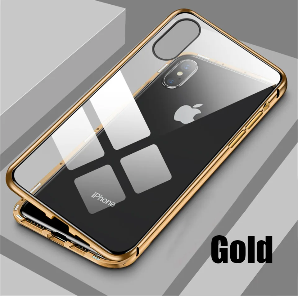 Golden Чехол из закаленного стекла с магнитной адсорбцией для iPhone 11 Pro X XR XS Max металлический противоударный чехол для iPhone 6 6S 7 8 plus задняя крышка - Цвет: Golden