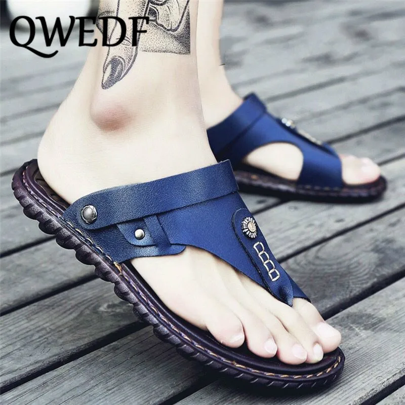 

Summer New Beach Men Flip Flops Pu Leather Slippers Male Flats Sandals outdoor Rubber Thong Beach Shoes Men Leather Brand SW-73