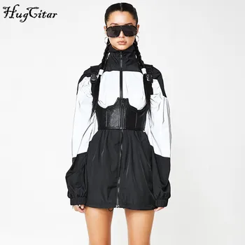 

Hugcitar 2019 reflective patchwork long sleeve coat autumn winter women windbreaker streetwear baggy outfits jacket