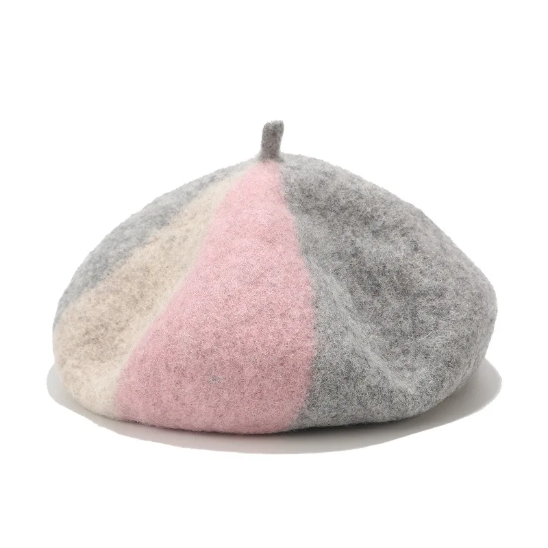 M&D Autumn/winter new collection wool felt beret splicing gentle color patchwork - Цвет: Grey Beige Pink