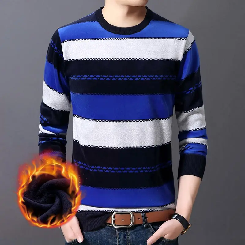 Повседневный толстый теплый зимний полосатый вязаный свитер, Мужская одежда, трикотажное платье, пуловер, вязаные мужские свитера, мужская мода 02111 - Color: Blue