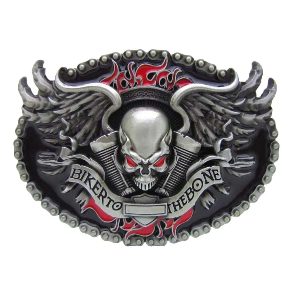 BIKER TO THE BONE Skull Head Vintage Oval Belt Buckle Western Cowboy Mens Accesories