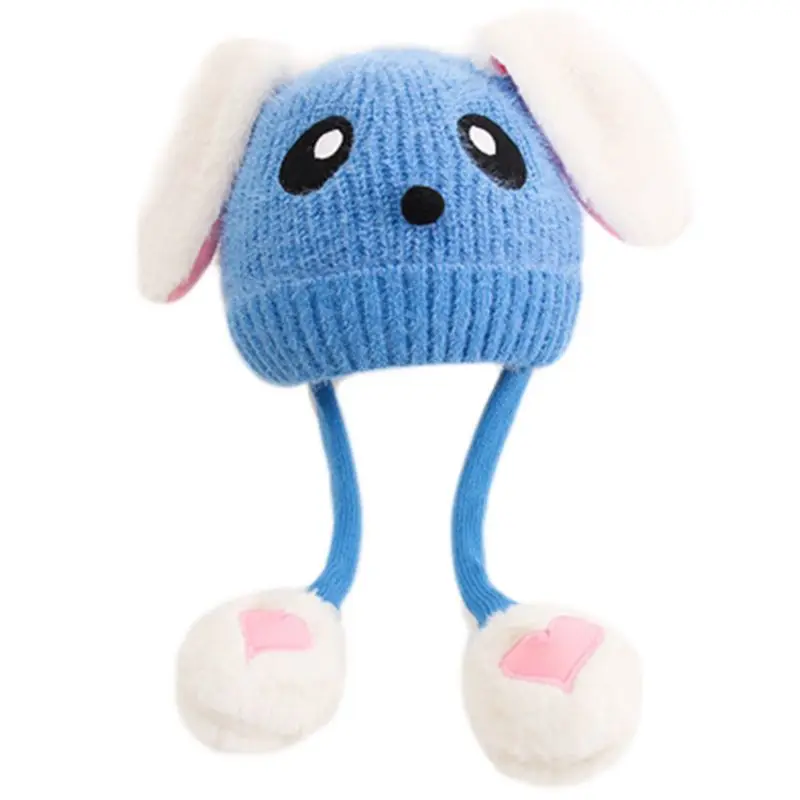 Toddler Kids Cute Rabbit Face Embroidery Knitted Hat with Airbag Moving Ears Winter Warm Thick Plush Doll Beanie Cap Gifts 1-10T