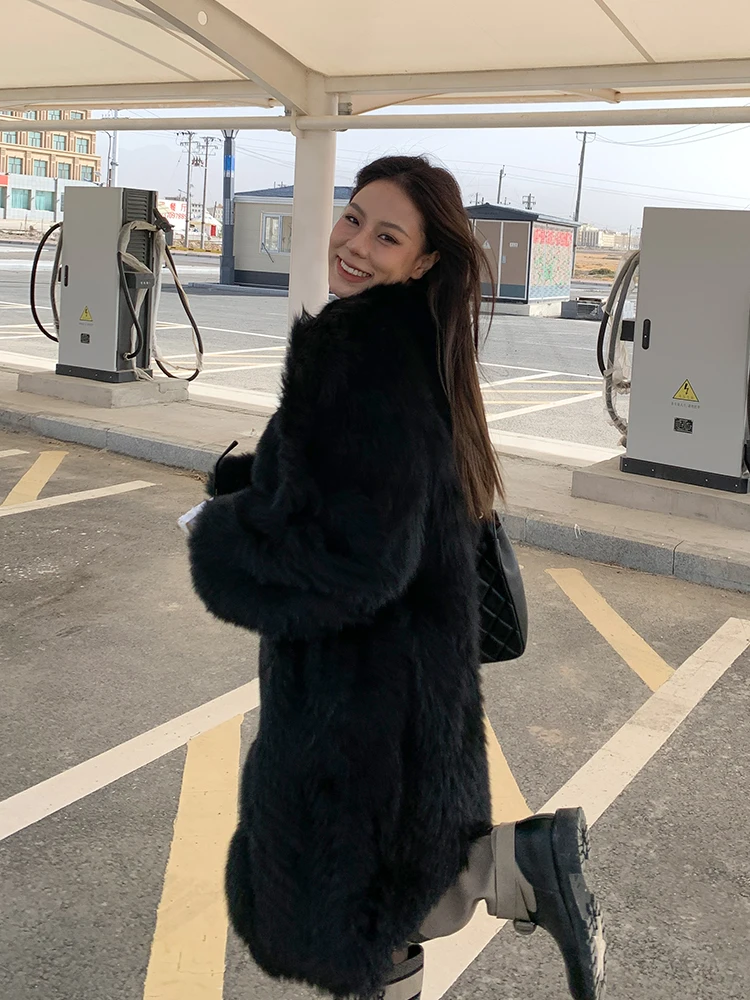 2022 Winter New Woman Natural Fox Fur Long Coat V-neck Fashion Black Women Genuine Leather Fox Fur Long Coats Outwear Female