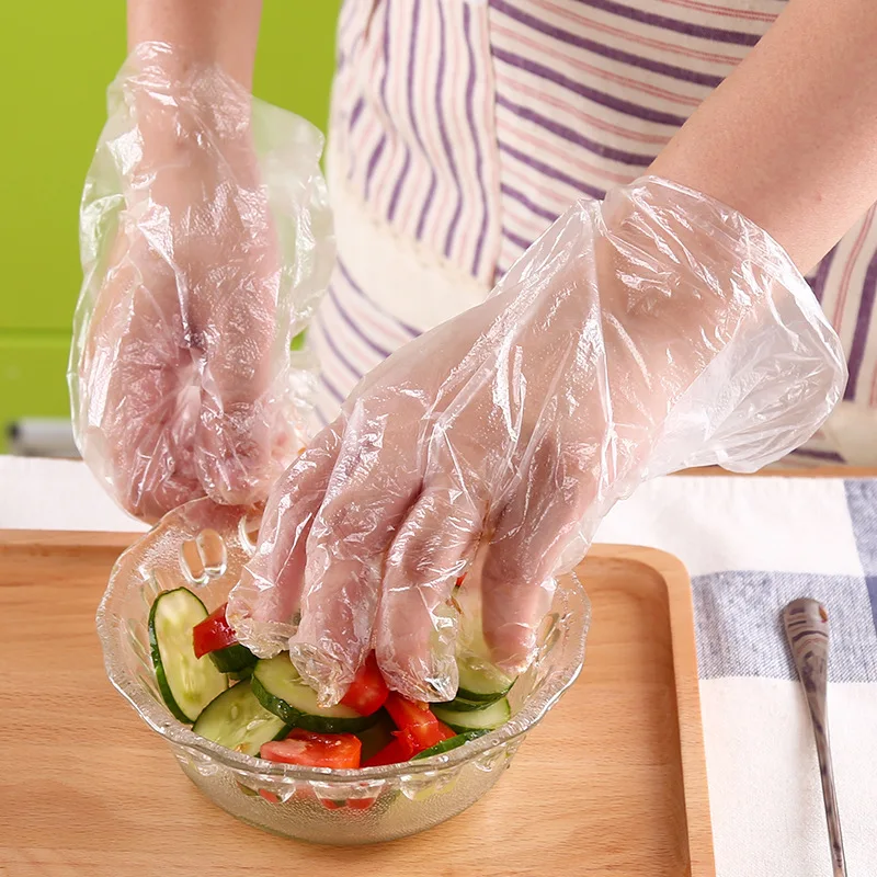 Food Grade Disposable Glove Film Household Kitchen Catering Thick Transparent PE Plastic Glove 200 Pieces