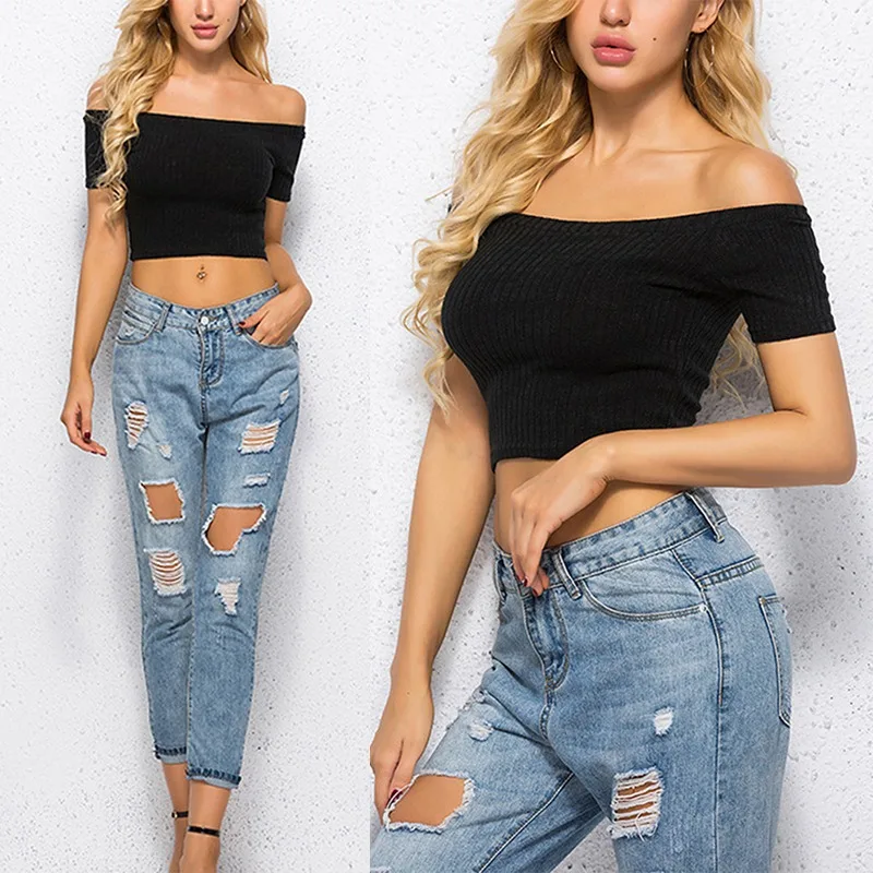 

Women Summer One Word Collar Short-Sleeved Solid Color Slim Simple Wild T-Shirt
