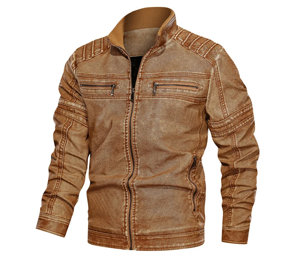 Мужские Куртки из искусственной кожи, Осень-зима, флисовые, на молнии, Chaqueta Cuero Hombre Moto Jaqueta Masculino Couro, тонкое теплое пальто - Цвет: Хаки