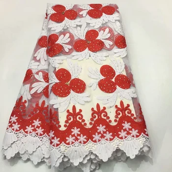 

Red white milk silk African guipure cord lace fabric high quality embroidered stones bridal french tulle lace for wedding 5yards