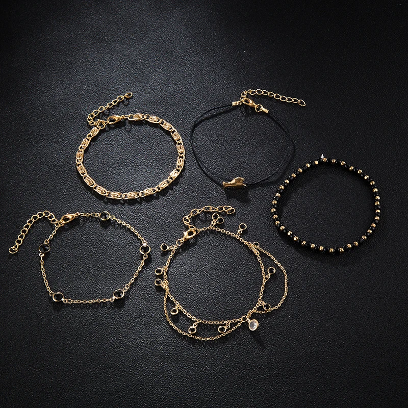 Docona Boho Fish Black Beaded Chains Multilayer Anklet Set for Women Metal Adjustable Anklets Bracelet Foot Chain 8540