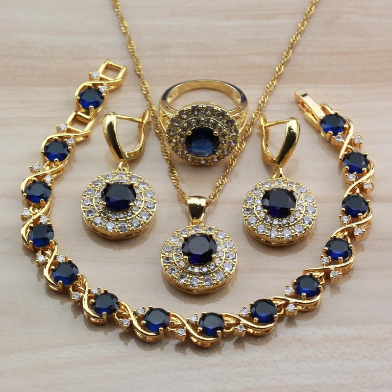 Удивительные круглые синие фианиты желтого золота цвета комплекты украшений для женщин Африка колье, ожерелье, браслет кольцо наборы