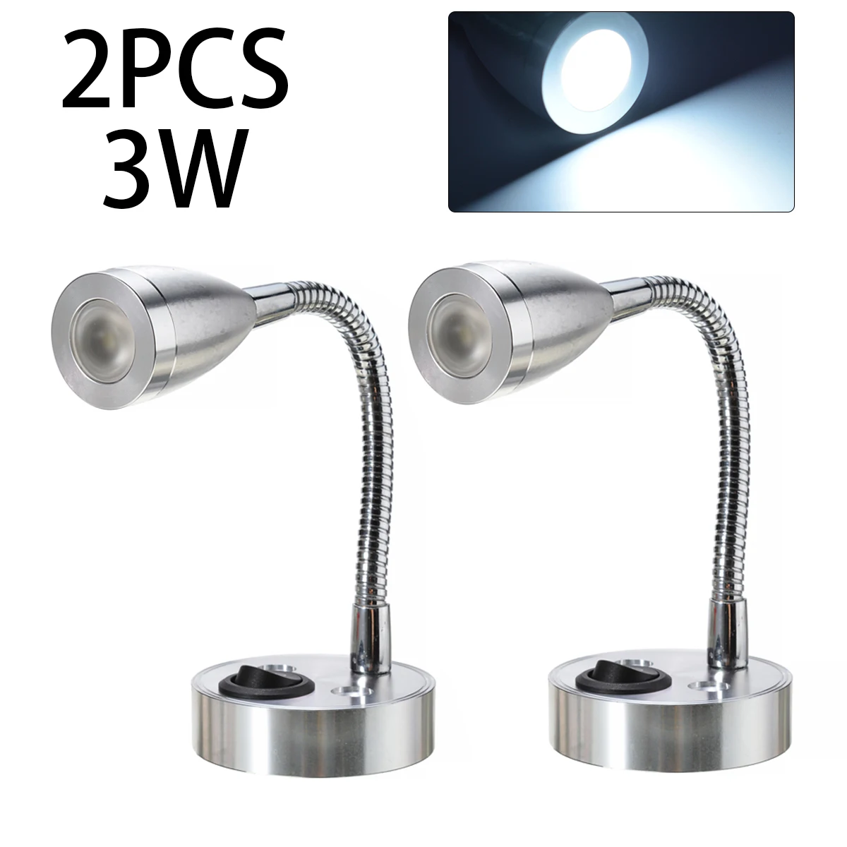 

2pcs 12V LED 3W 6000K White Car Reading Lamp Interior Spot Light with Button Switch For Boat Van Caravan Motorhome