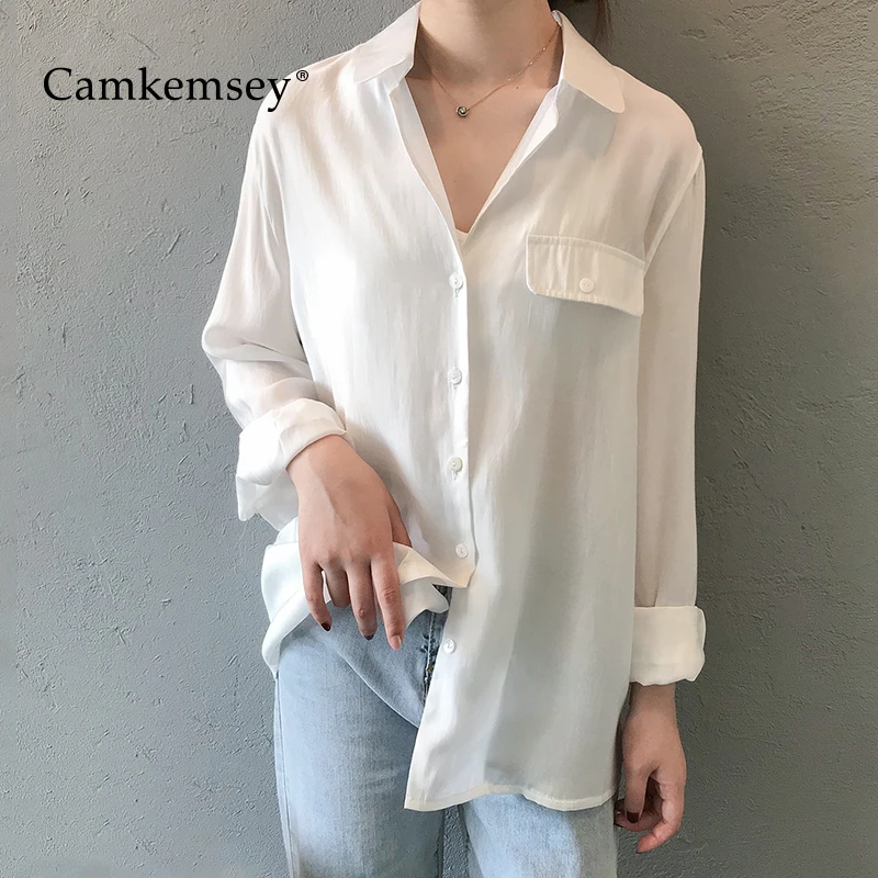 

CamKemsey Office Lady Work Wear Casual White Shirts Spring Autumn Long Sleeve Turn Down Collar Pockets Loose Blouses Shirts