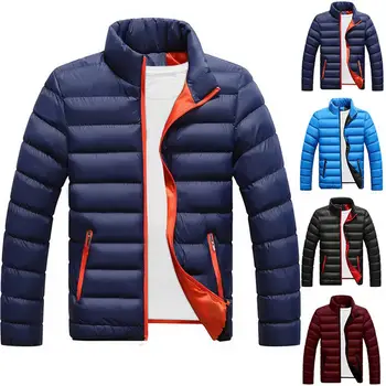 

Men Padded Winter Jacket Warm Solid Color Stand Collar Zipper Thick Padded Coat Outwear