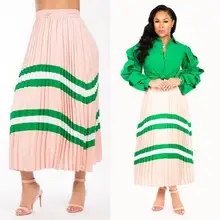Модные женские зеленый полосатый свободного кроя с завязками на щиколотке; Длина юбка Стиль Хай-стрит женские с высокой талией, плиссированные юбки LD8313
