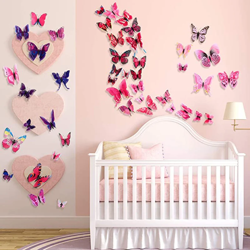 12PCS 3D Double-layer Simulation Butterfly Wall Sticker Refrigerator Magnet Wall Sticker Kids Baby Rooms Kitchen Home Decor