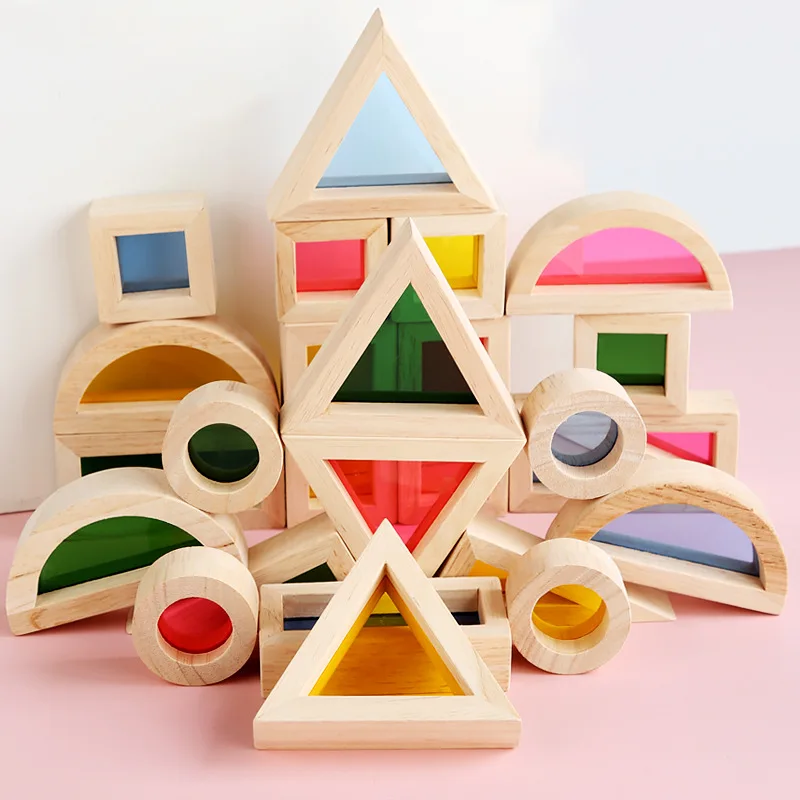 

24Pcs Wood Building Blocks For Kids Rainbow Stacking Game Construction Building Toys Preschool Colorful Geometry Wooden Blocks