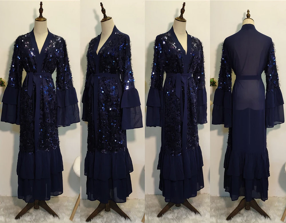Blue cardigan Sequin Дубай абаи кимоно кардиган хиджаб мусульманское платье для женщин турецкие платья халат ислам кафтан марокканский кафтан ислам ic одежда - Цвет: Blue cardigan