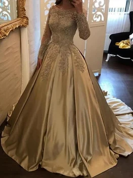 

Ball Gown Long Sleeves lace Evening Dress Off-Shoulder Sweep/Brush Train Applique Satin Dress for Party
