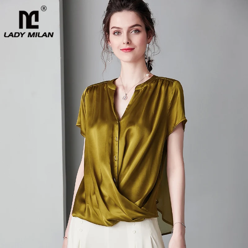  100% Pure Silk Women's Runway Shirts Sexy V Neck Short Sleeves Criss Cross Fashion Casual Blouse To