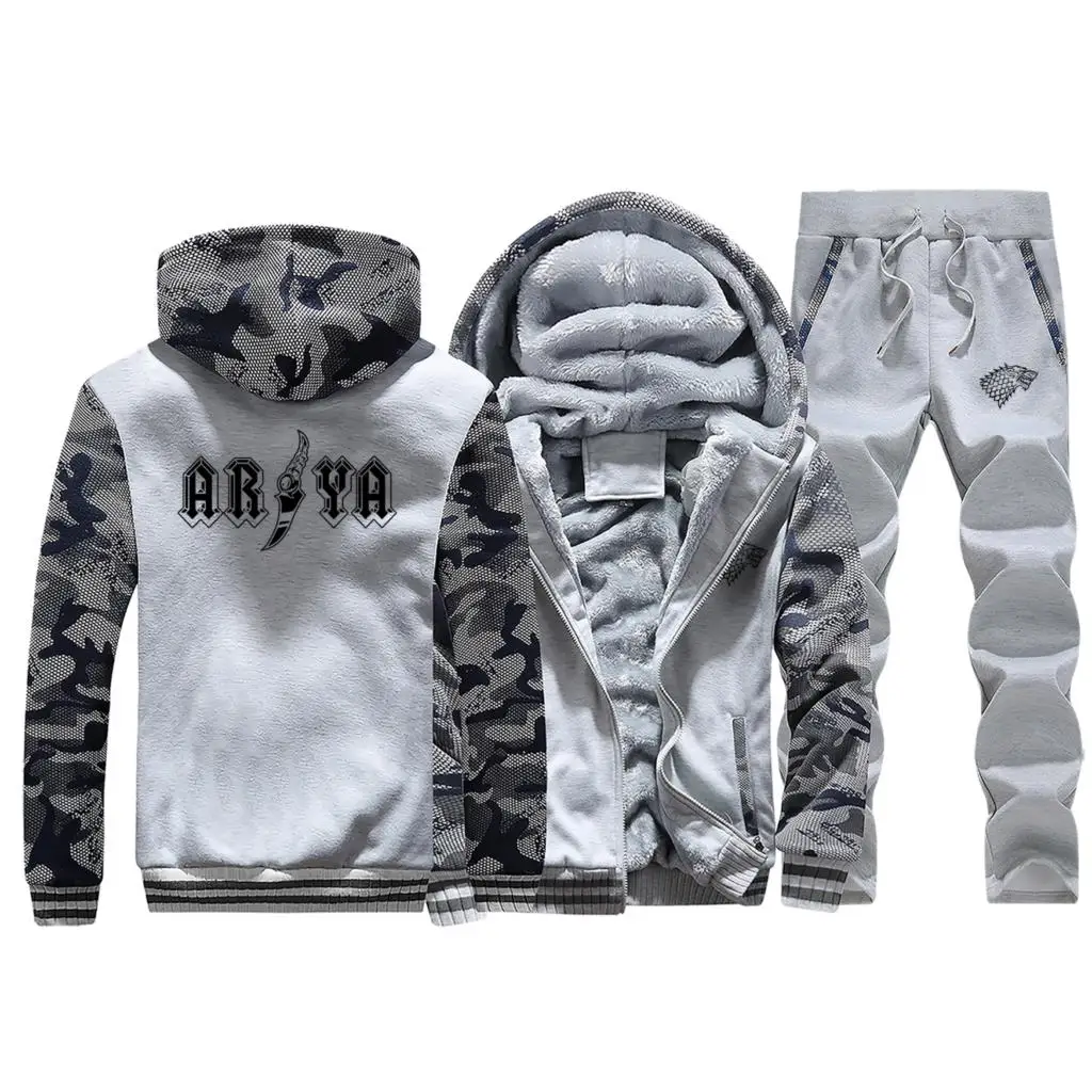 Light Gray 1 Горячая Распродажа, зимние камуфляжные мужские толстовки, AR YA, простая спортивная одежда с принтом, теплые куртки, костюм, пальто+ штаны, комплект из 2 предметов - Цвет: Light Gray 1