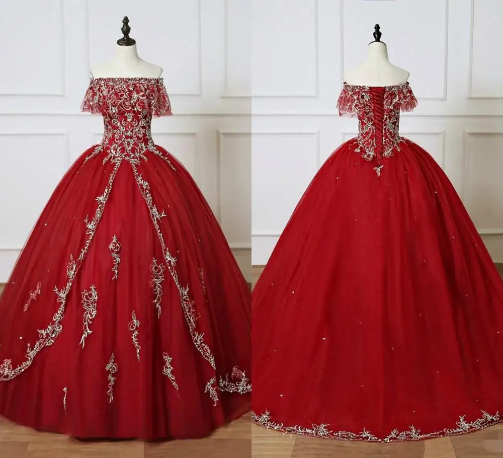 

Burgundy Quinceanera Dresses 2020 Long Cheap Ball Gown Prom Dress Sweet 16 Girls Off shoulder Sliver Embroidery Vestidos 15 anos