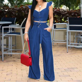 

Ruffle Sexy Denim Tops Pants Set Women Summer Thin Fashion Two Piece Sets Plus Size 2XL Casual Outfits Office Wide Leg Pants