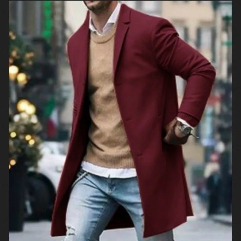 Бургундия Fashion Men's Wool Coat Trench Winter Autumn Pocket Warm Coat Outwear Male Overcoat Long Sleeve Button Up Jacket Top M-3XL - Цвет: Бургундия