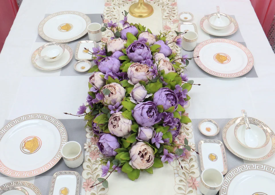 Custom luxury DIY wedding decor table flower runner artificial flower row arrangement table centerpieces rose peonies green leaf