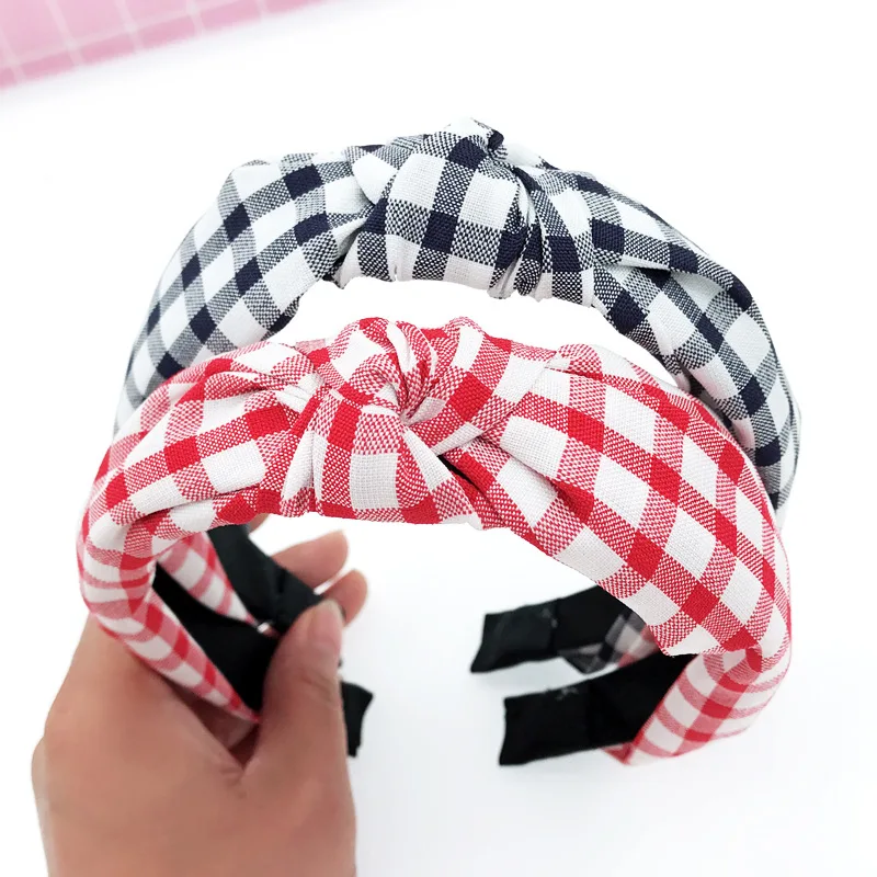

YVLAH 1Pc Headdress Simple Knotted Headband Wild Cloth Lattice Wide Handmade For Women