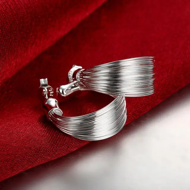 AGLOVER New 21MM 925 Sterling Silver Multi-line Hoop Earrings For Women Fashion Jewelry Christmas Gift Silver