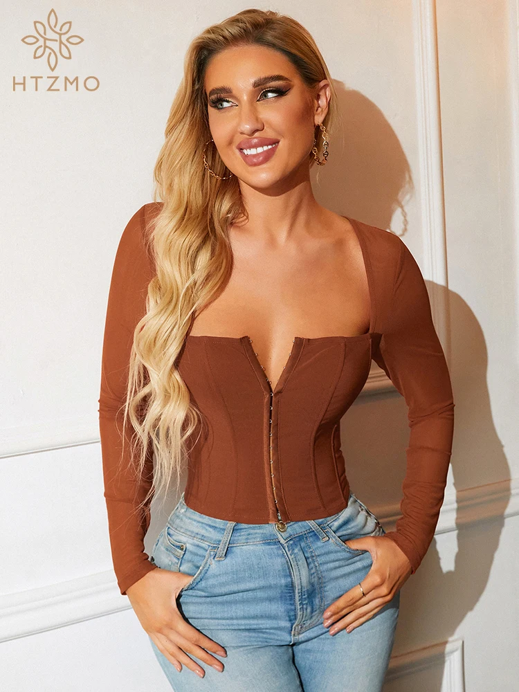 HTZMO Mesh Corset Top Blouses Women See Through Long Sleeve Square Neck Single Breasted Stretch Shirt Tops Chic Outfits 2021