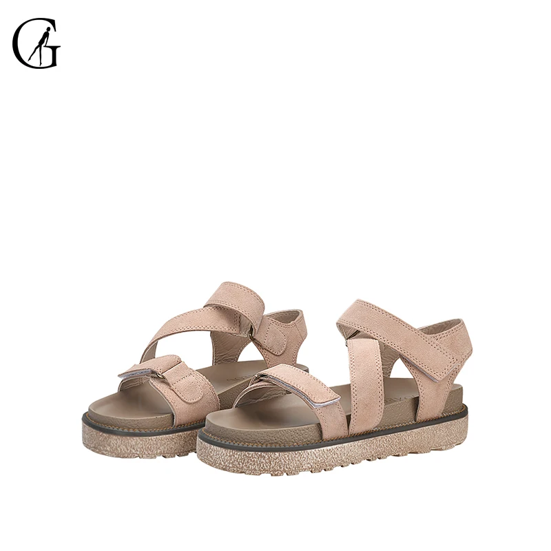 

GOXEOU Women's Sandals Spricot Suede Velcro Roman Thick Sole Comfortable Casual Beach Shoes