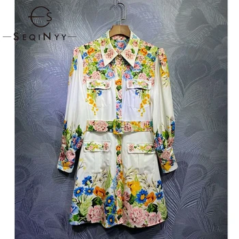 

SEQINYY Bohemian Dress 2020 Summer Spring New Fashion Design Women Flowers Print Belt Mini White Dress Runway