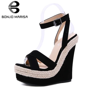 

BONJOMARISA Sexy Girl Mixed Color Hemp Summer Sandals Platform High Wedges Buckle Strap Sandals Women Party Dress Shoes Woman